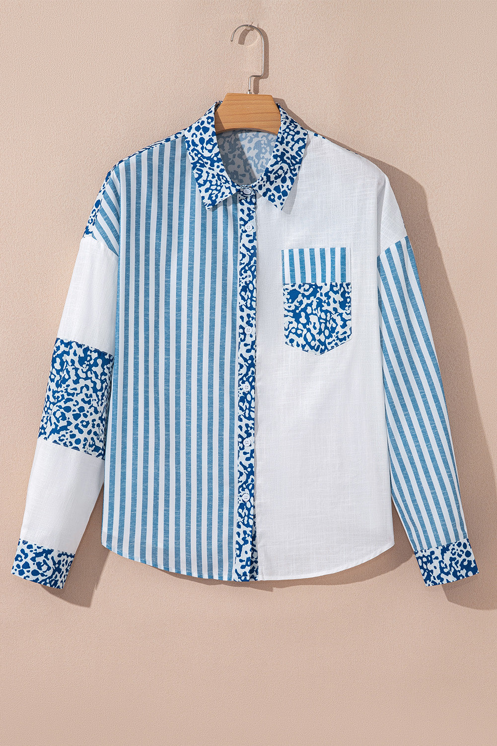 Pink Leopard Striped Patchwork Button-up Shirt