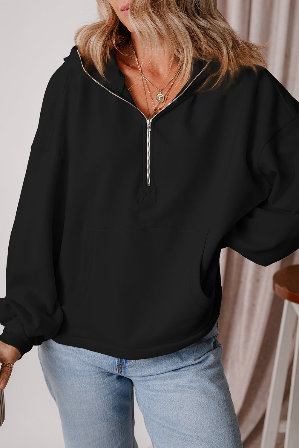 Orange Half Zipper Kangaroo Pockets Drop Shoulder Hoodie
