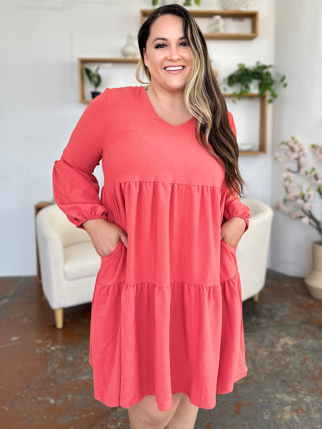 Light Green Double Take Full Size V-Neck Sleeve Tiered Dress with Pockets Elegant & Comfortable Casual Dress