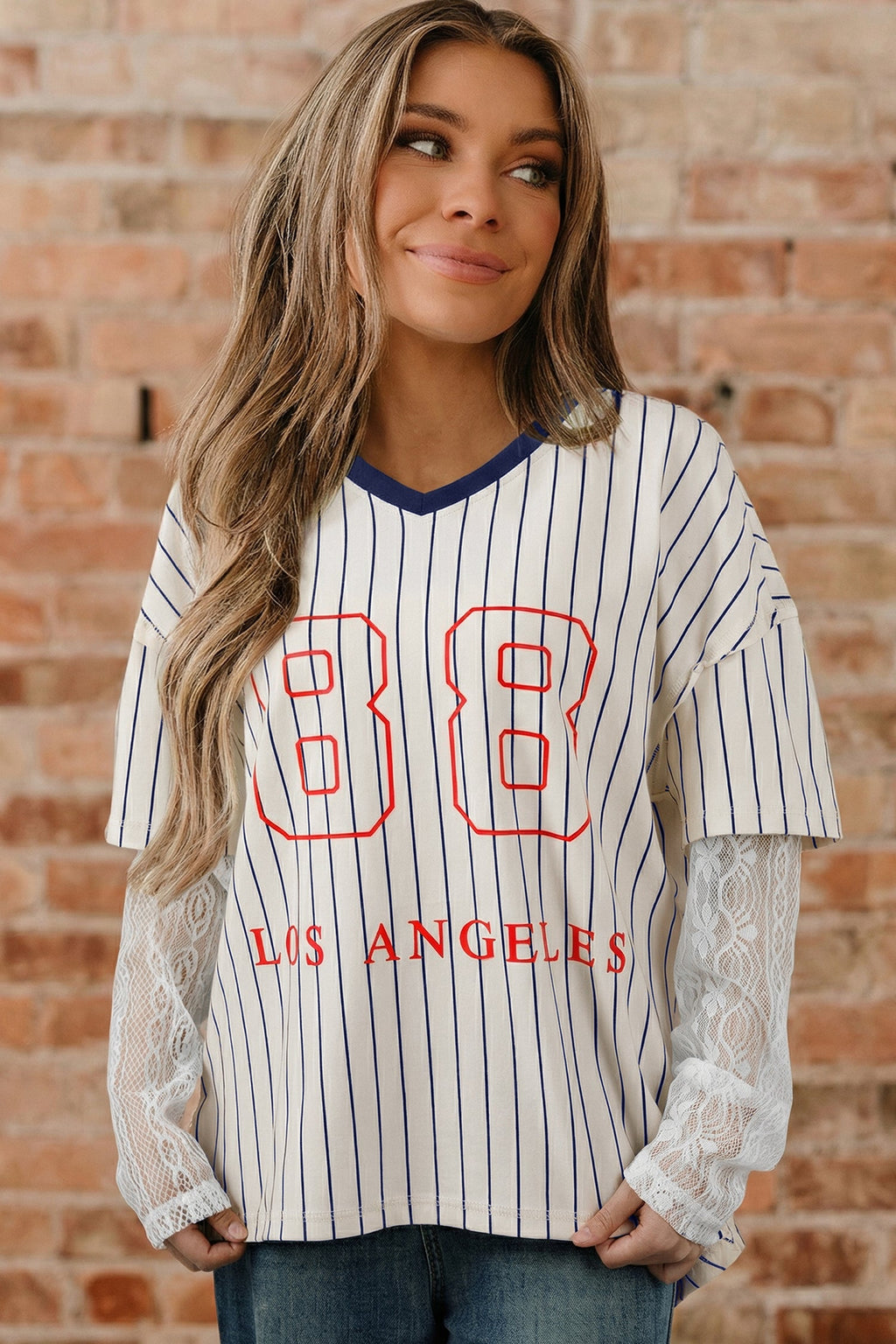 Blue Stripe 88 LOS ANGEL Graphic Lace Patchwork Faux Two Piece V Neck Top