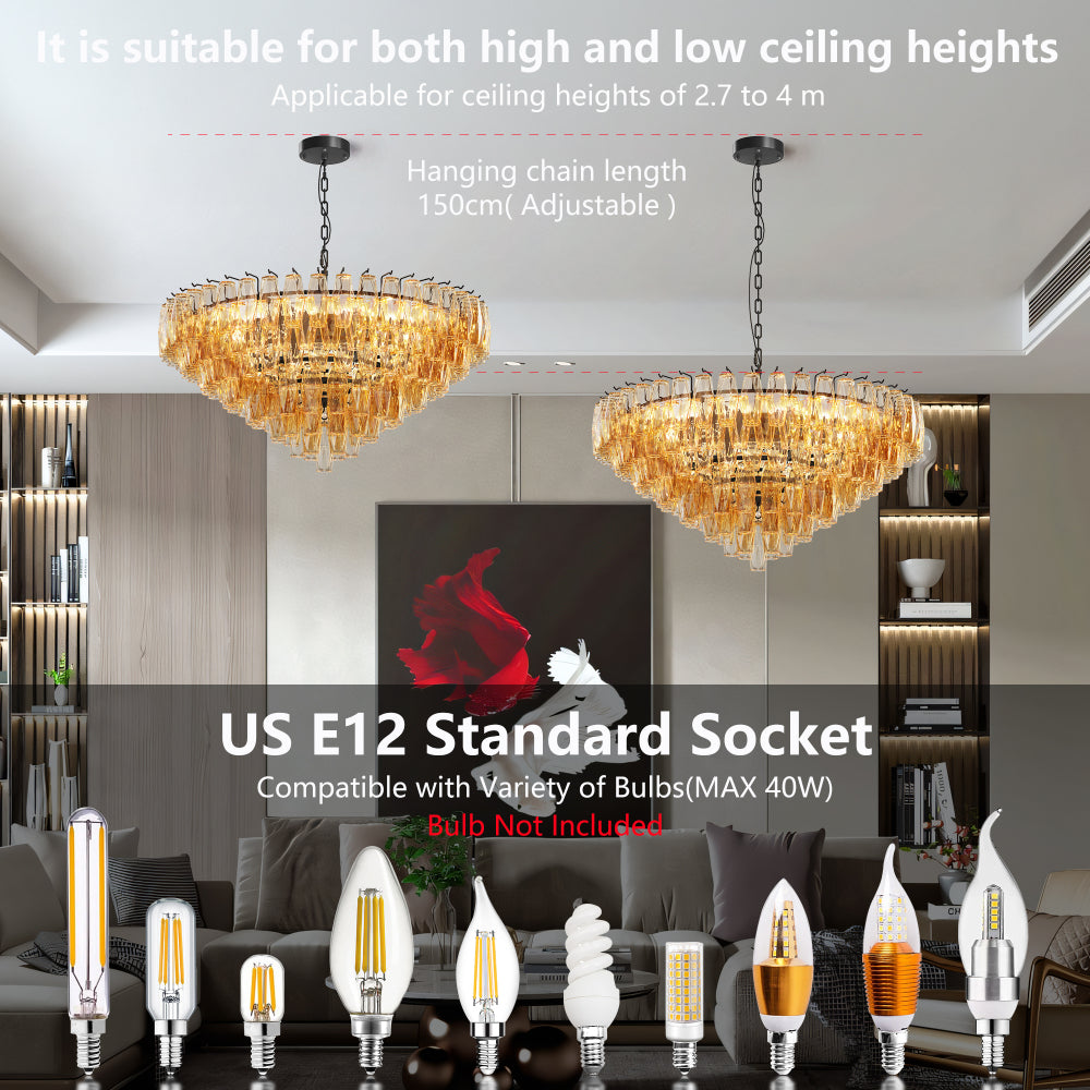 Tiered Smoke Glass Chandelier | 14-Light Round or 12-Light Rectangular, Brushed Black or Gold Metal Frame — 37" or 54", Dimmable