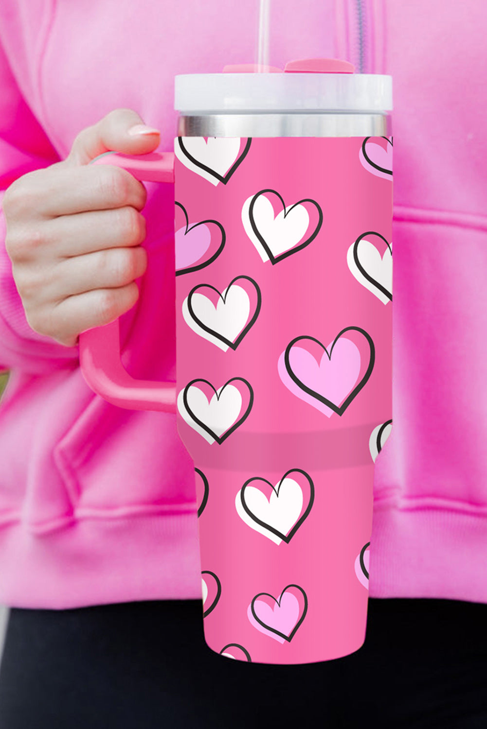 Rose Red Valentines Heart Printed Cup with Handle 40oz