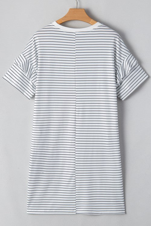 White Striped Round Neck Short Sleeve Mini Dress Casual & Playful Everyday Look Dress