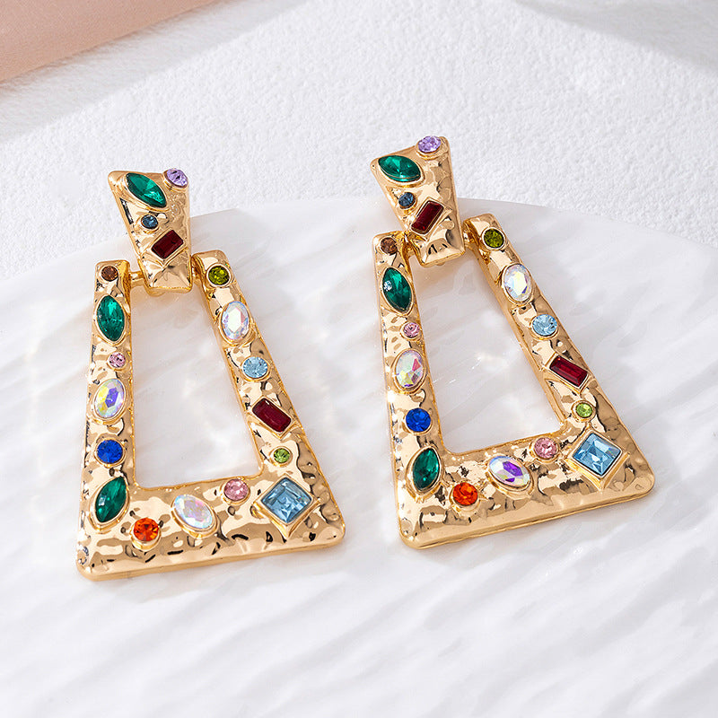 Luxury Exaggerated Geometric Drop Earrings For Women, Vintage High-End Statement Earrings With Multicolor Rhinestones