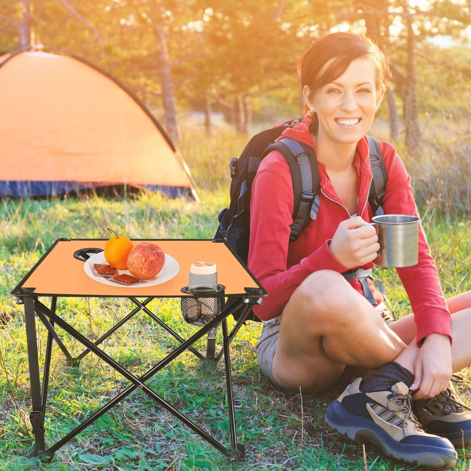 2Pcs Foldable Camping Table Portable Picnic Table Lightweight Travel Desk with 2 Cup Holders/Table Carrying Bag