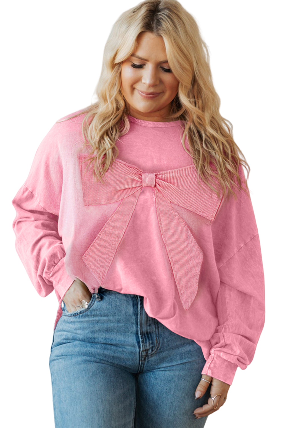 Bonbon Waffle Bowknot Patchwork Mineral Wash Plus Size Top