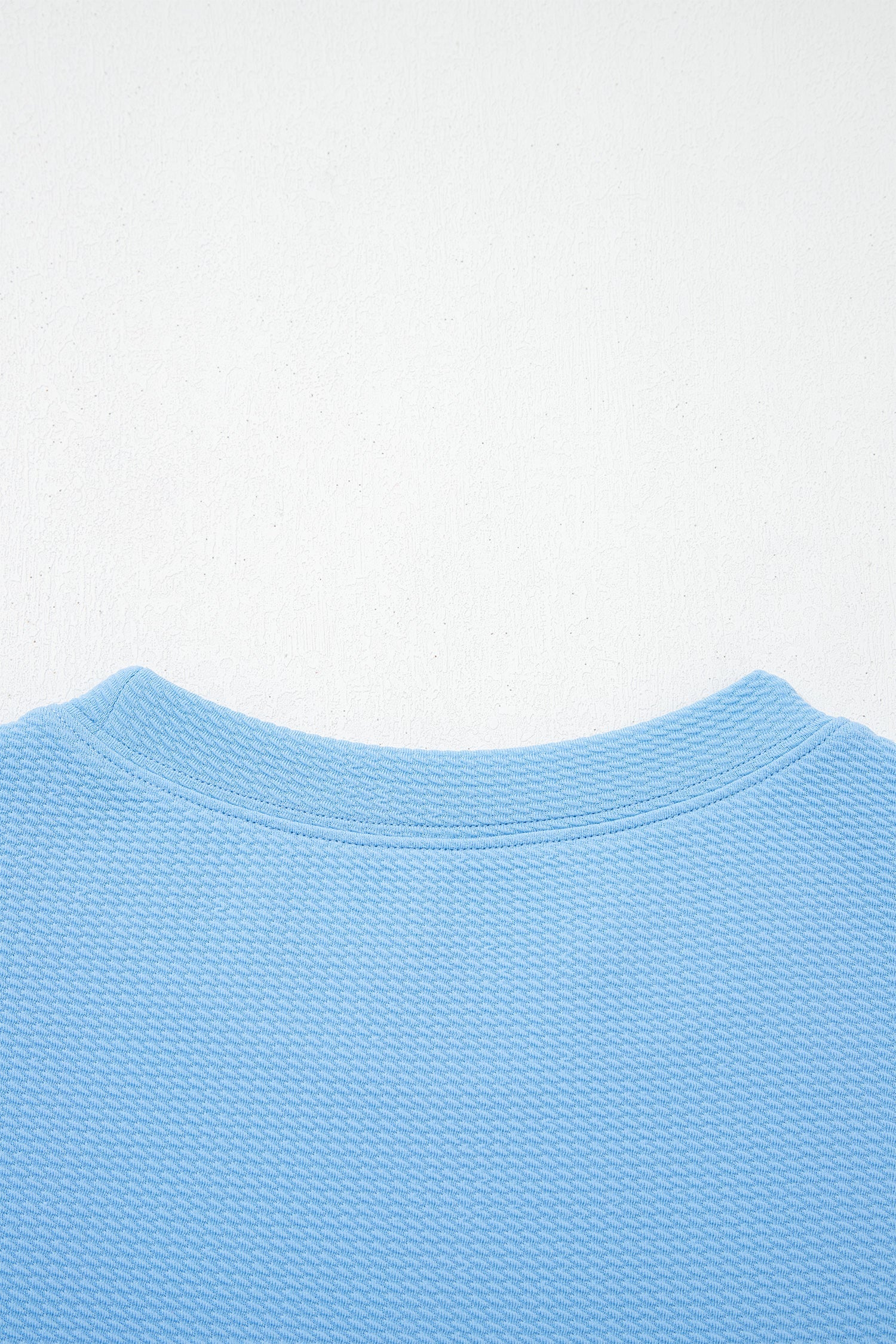 Light Blue Round Neck Textured Contrast Floral Bubble Sleeve Blouse