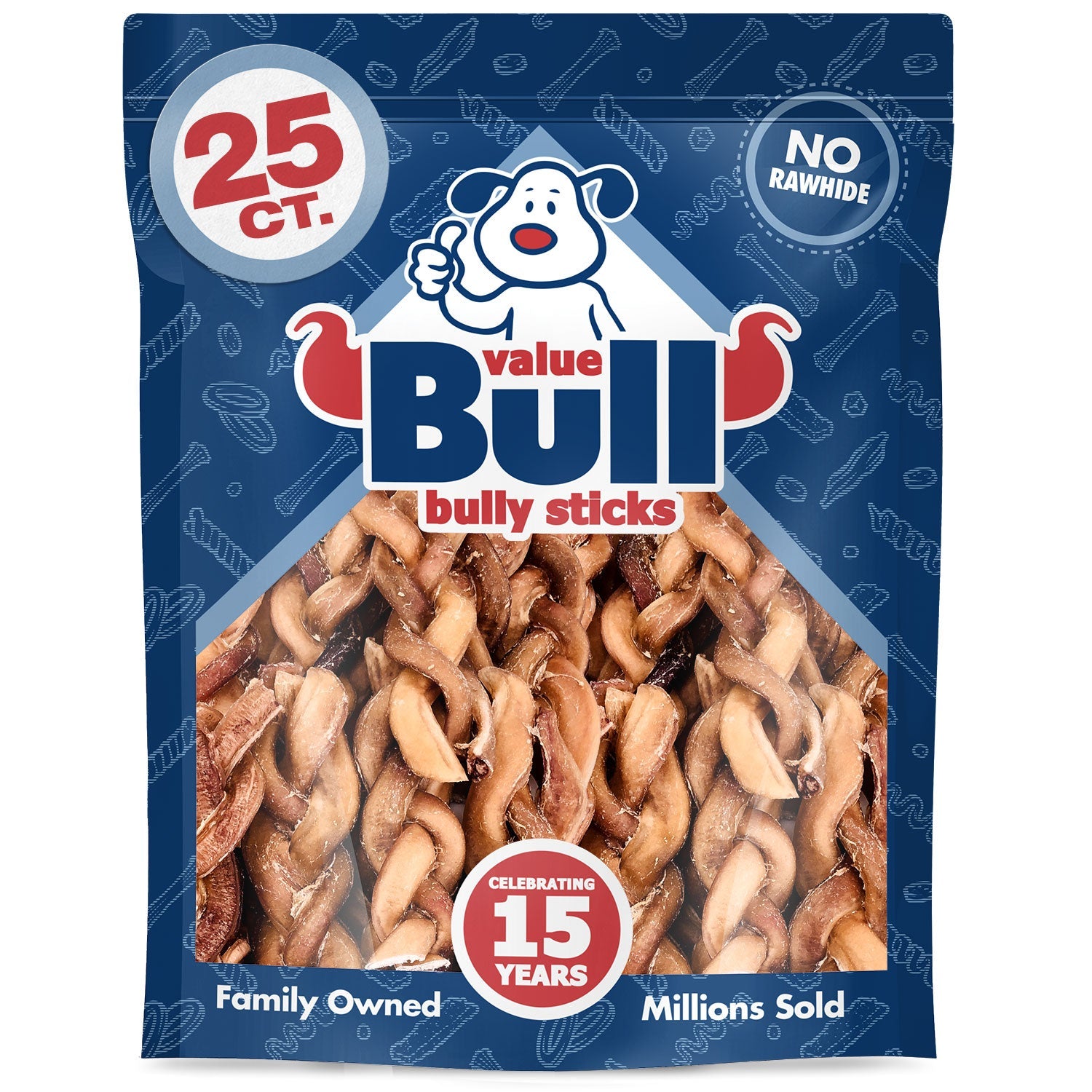 ValueBull Braided Bully Sticks for Large Dogs, Thick 6 Inch, 25 Count