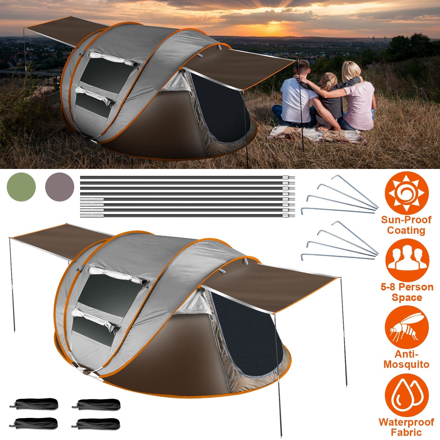 3-4 Person Pop Up Tent Automatic Setup Camping Tent Waterproof Instant Setup Tent with 2 Mosquito Net Windows Carrying Bag for Hiking Climbing Adventu