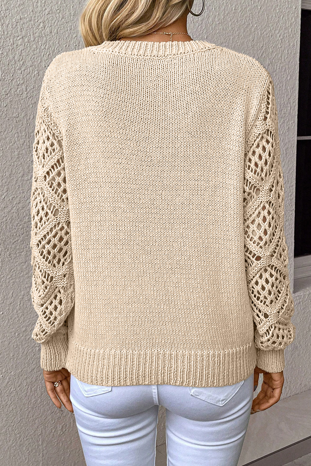 Black Solid V Neck Pointelle Knit Sleeve Patchwork Sweater