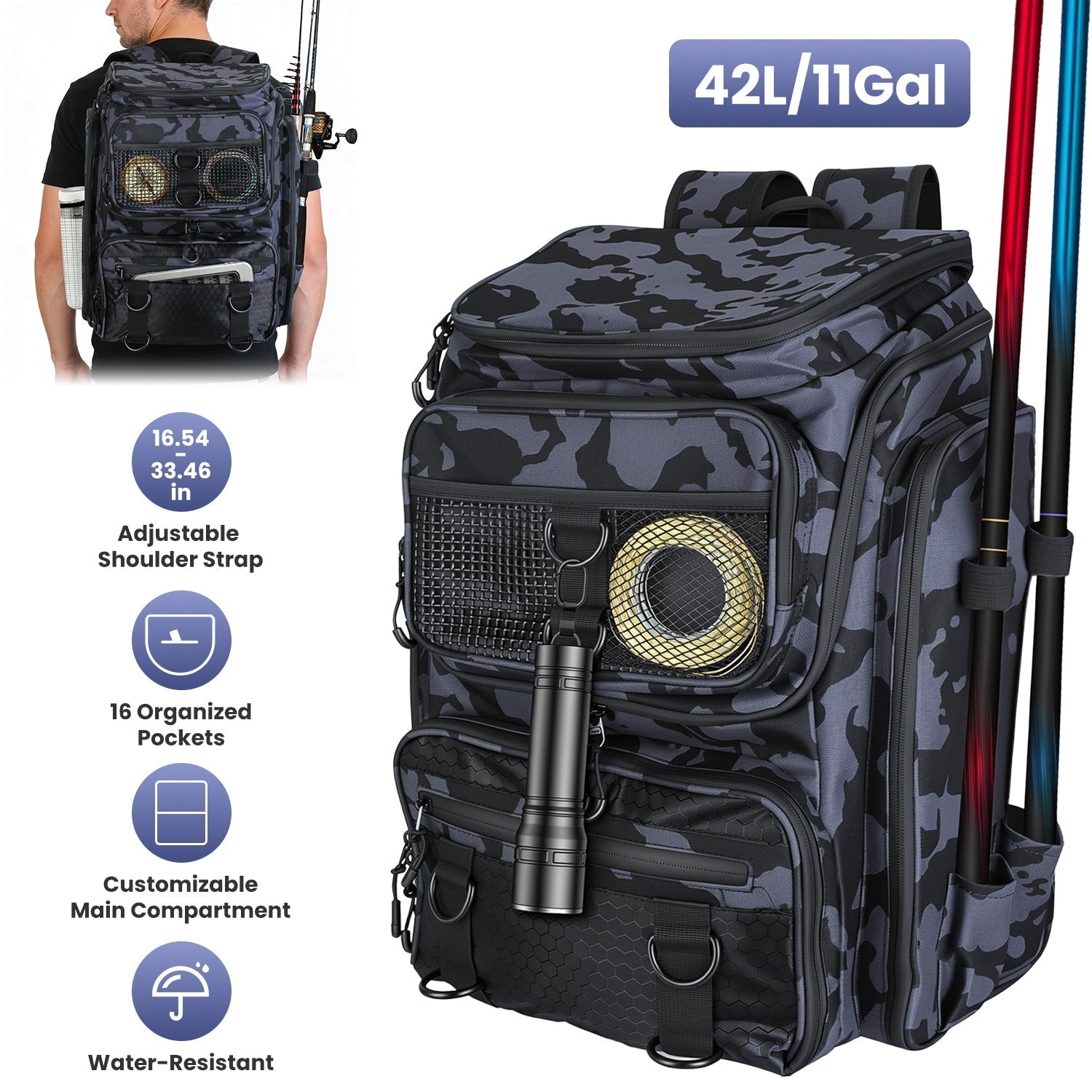 42L/11Gal Fishing Backpack Large Capacity Fishing Tackle Storage Bag with Rod Holders 16-Pocket Water-Resistant with Divider Adjustable Padded Straps