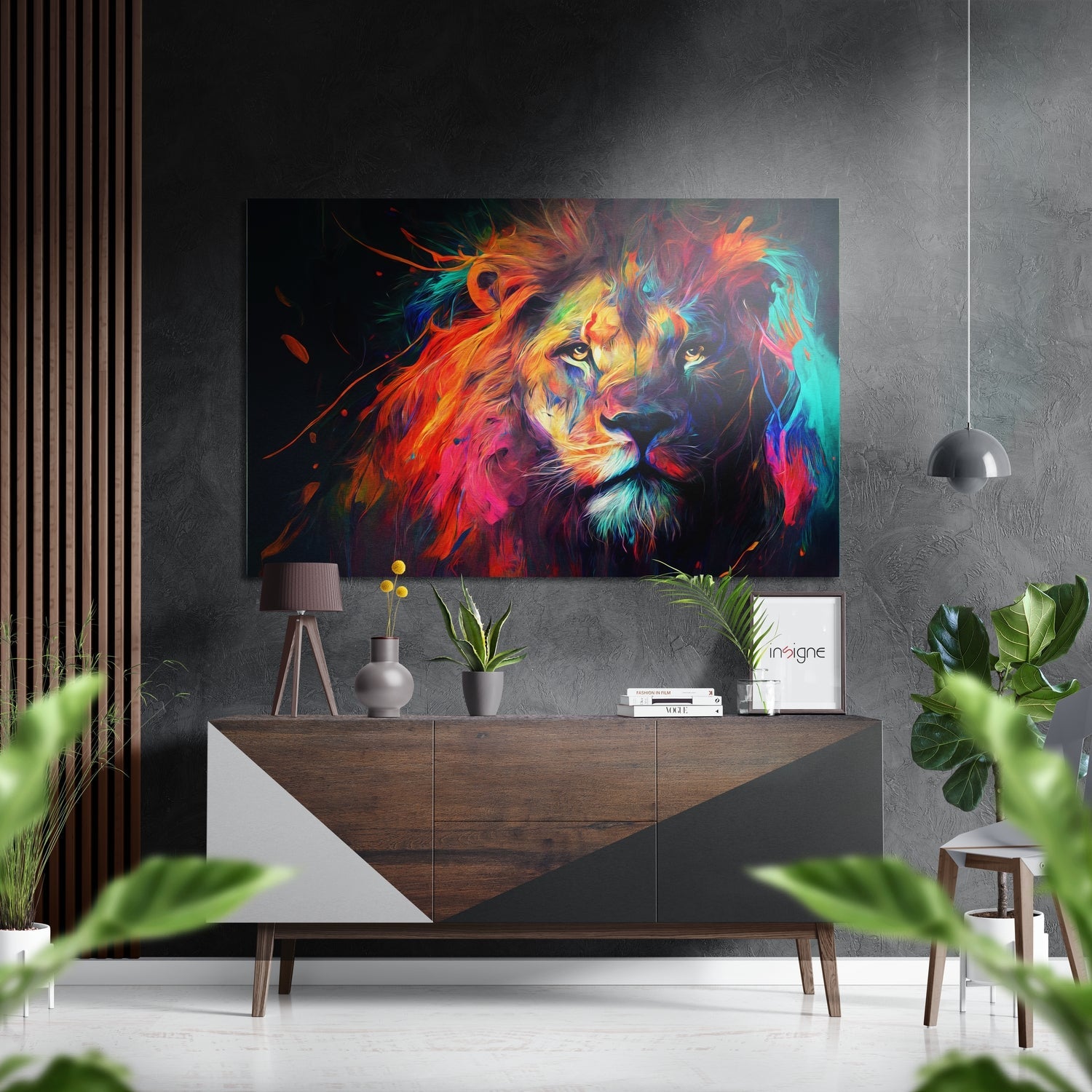Neon Rainbow Lion Face Brushed Aluminum Dibond Wall Art
