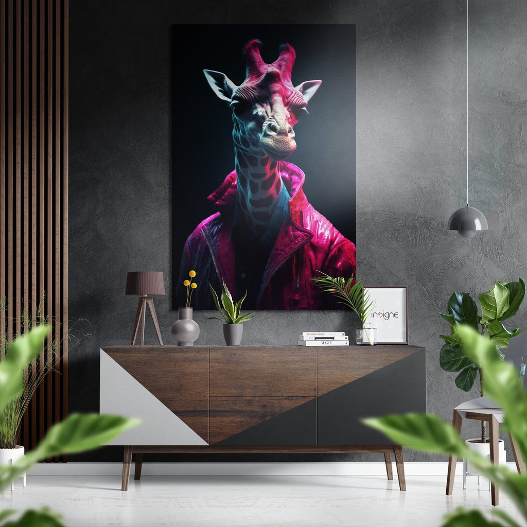 Neon Pink Giraffe in Magenta Coat Brushed Aluminum Dibond Wall Art