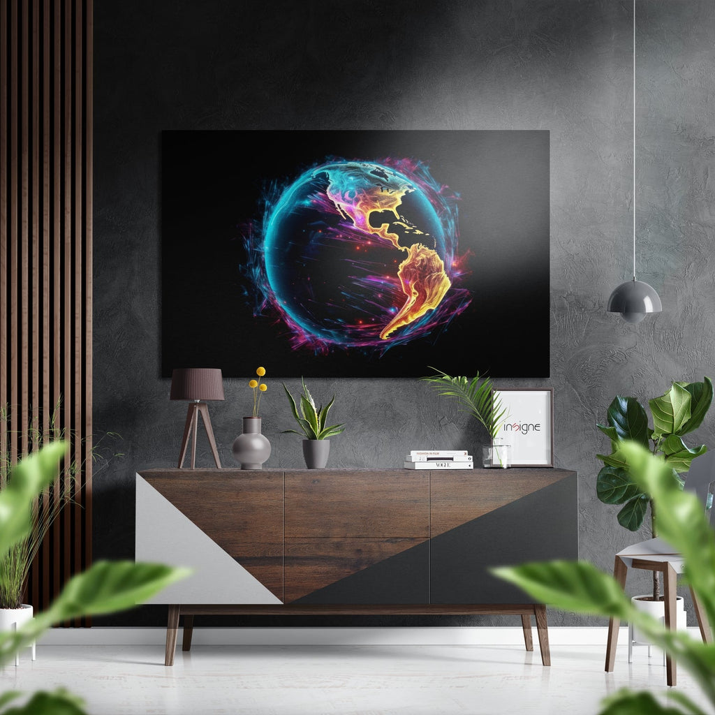 Neon Teal Americas Glowing Earth Brushed Aluminum Dibond Wall Art