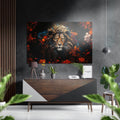Lion Among Red Blossoms Brushed Aluminum Dibond Wall Art