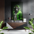Green Hoodie Gorilla With Headphones Brushed Aluminum Dibond Wall Art