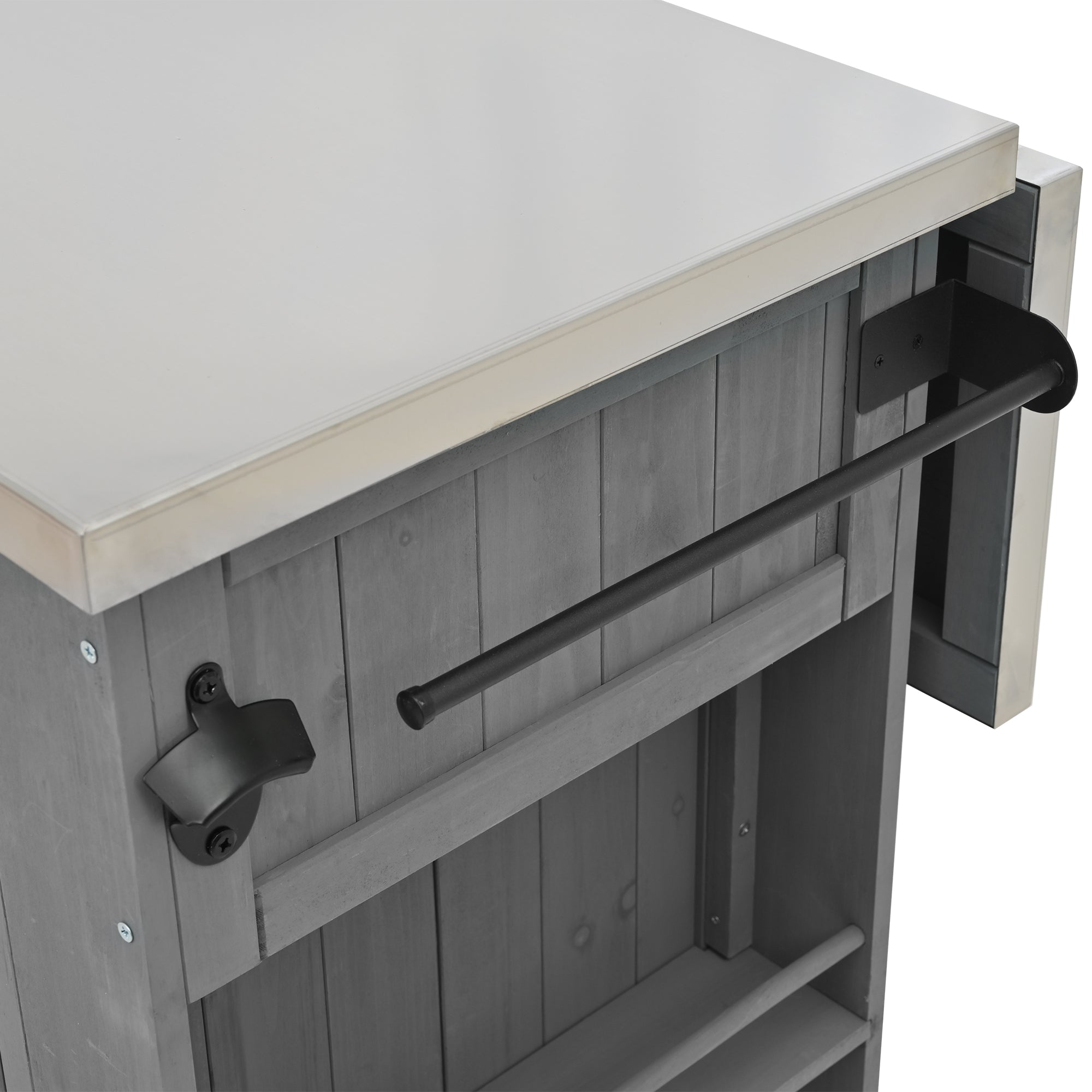 Outdoor Kitchen Island Fir Wood Kitchen Island with Stainless Steel Top, Ample Storage, Towel and Spice Racks, Bottle Opener, Grey