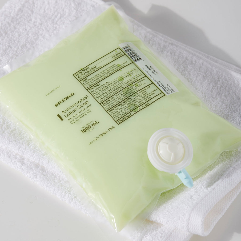 McKesson Antimicrobial Lotion Soap, Herbal Scent, With Aloe, 1,000 mL Refill Bag 53-28086-1000