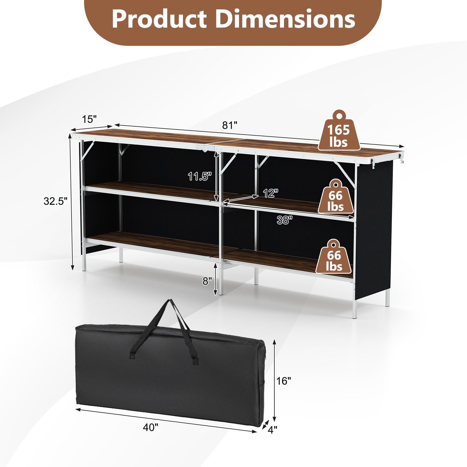 Aluminum Portable Picnic Table with 2-Tier Open Shelves and Spacious Tabletop