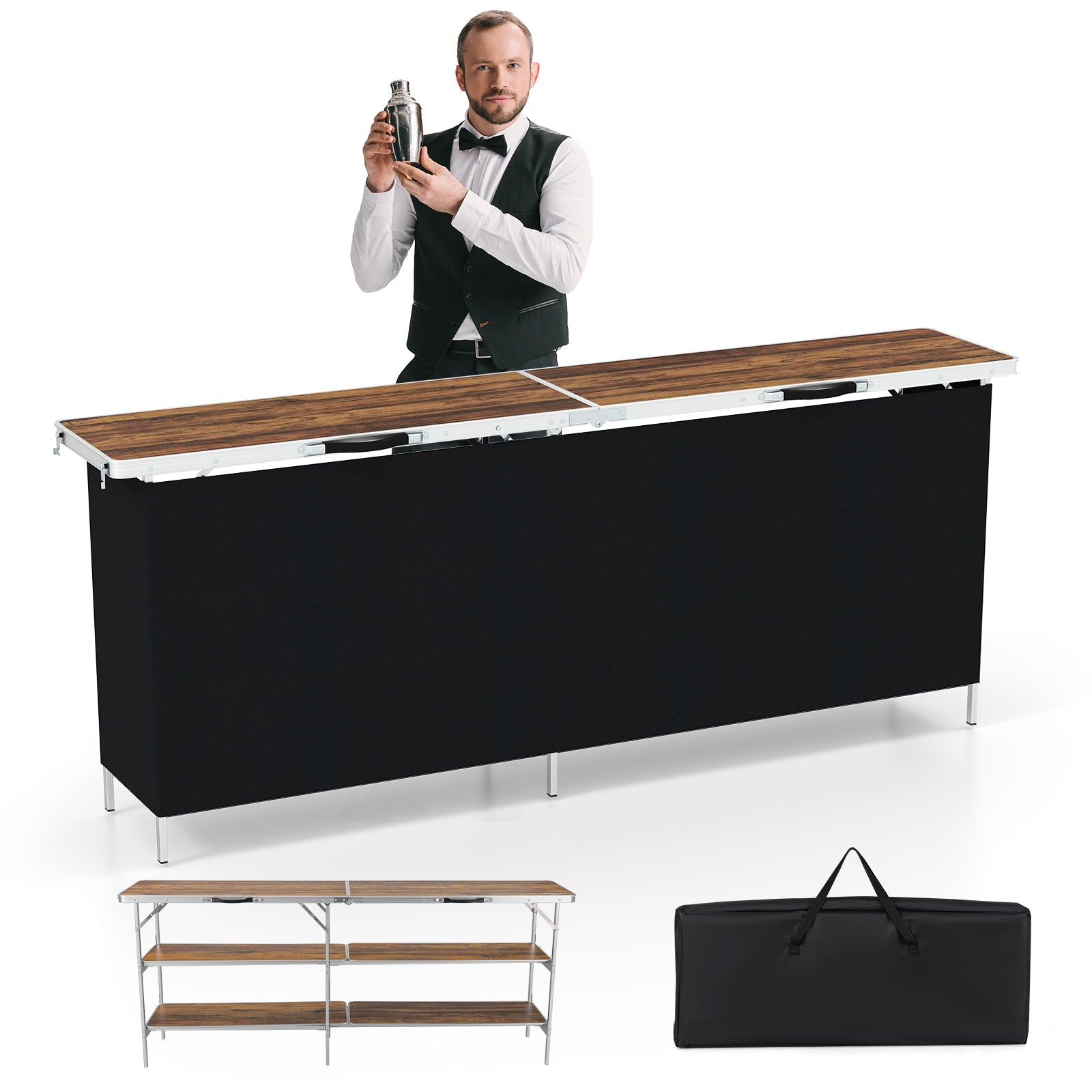Aluminum Portable Picnic Table with 2-Tier Open Shelves and Spacious Tabletop