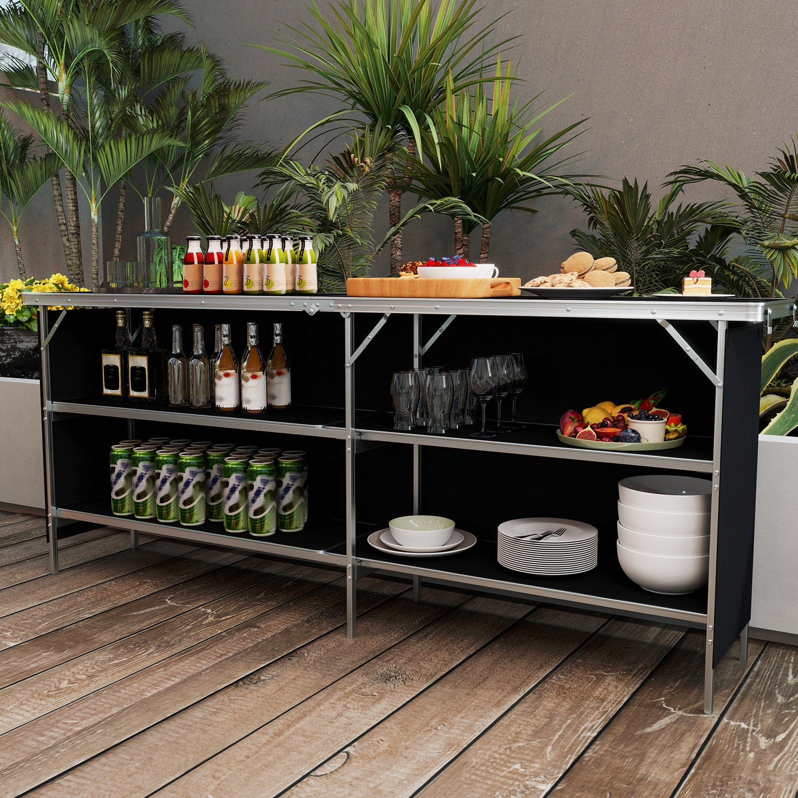 Aluminum Portable Picnic Table with 2-Tier Open Shelves and Spacious Tabletop