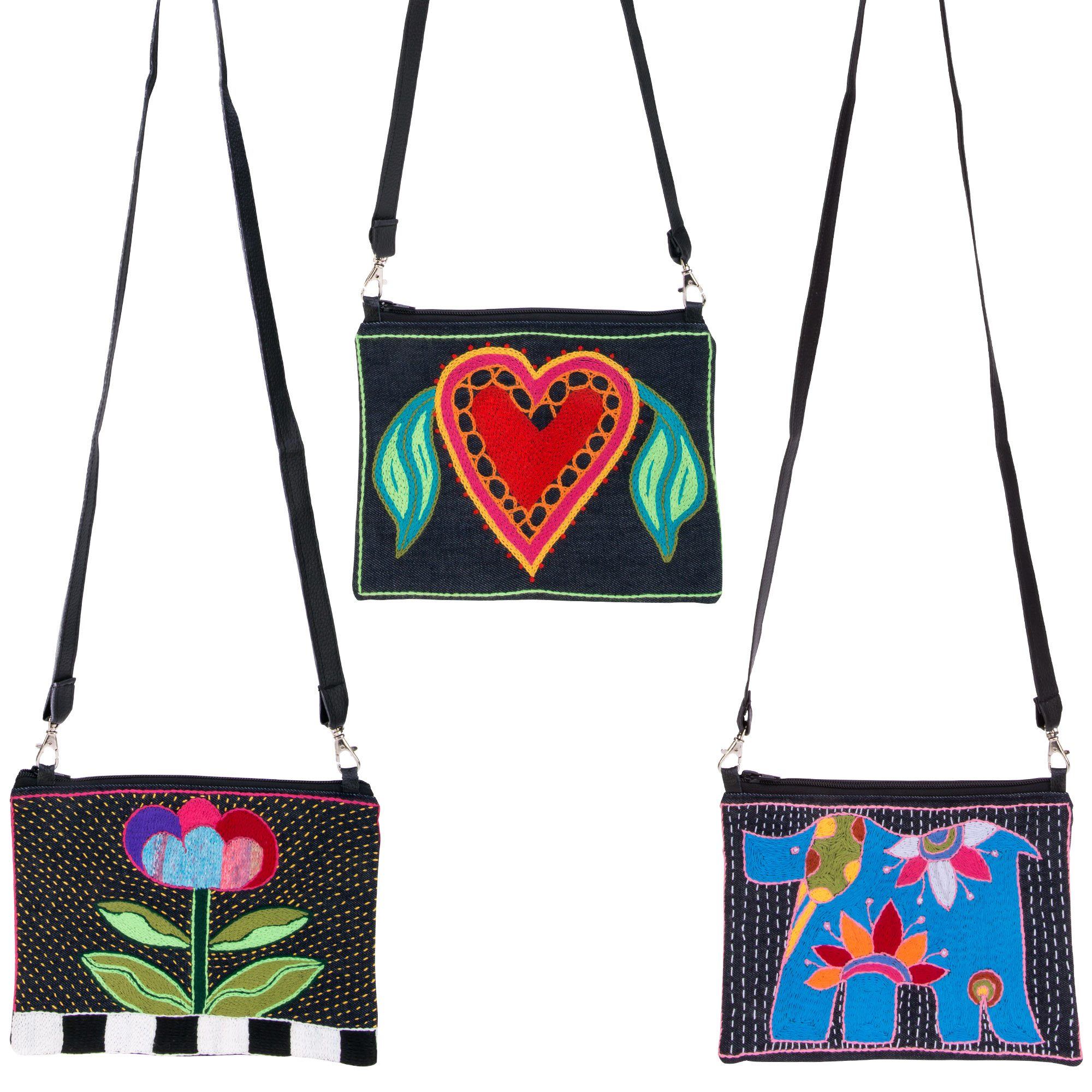 GreaterGood Amarasti Hand-Embroidered Cotton Denim Sling Bag