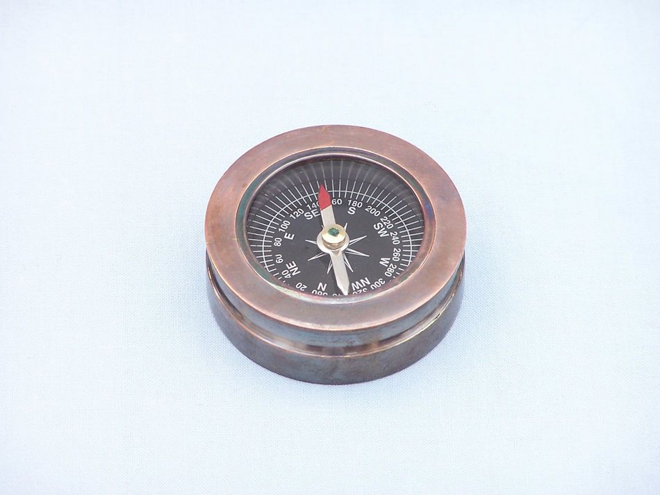 Antique Copper Paperweight Compass with Rosewood Box 3""