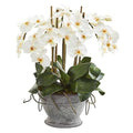18" Phalaenopsis Orchid Artificial Arrangement in Vintage Bowl with Copper Trimming