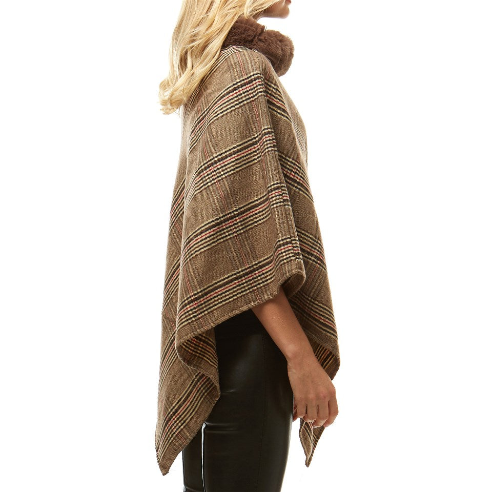 Aubrie Cozy Warm Plaid Checkered Super Sofy Faux Fur Collar Poncho