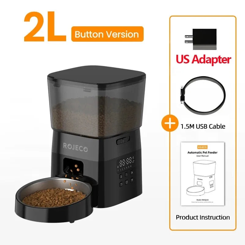 Automatic Pet Feeder Button Version - Programmable LCD Dry Food Dispenser for Cats & Dogs, Rechargeable - PhishStones Products
