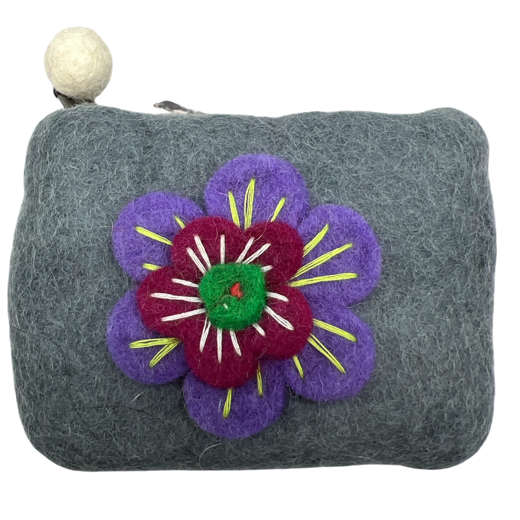 Felt Wool  Artisan Gray Coin Purse with Flower Applique