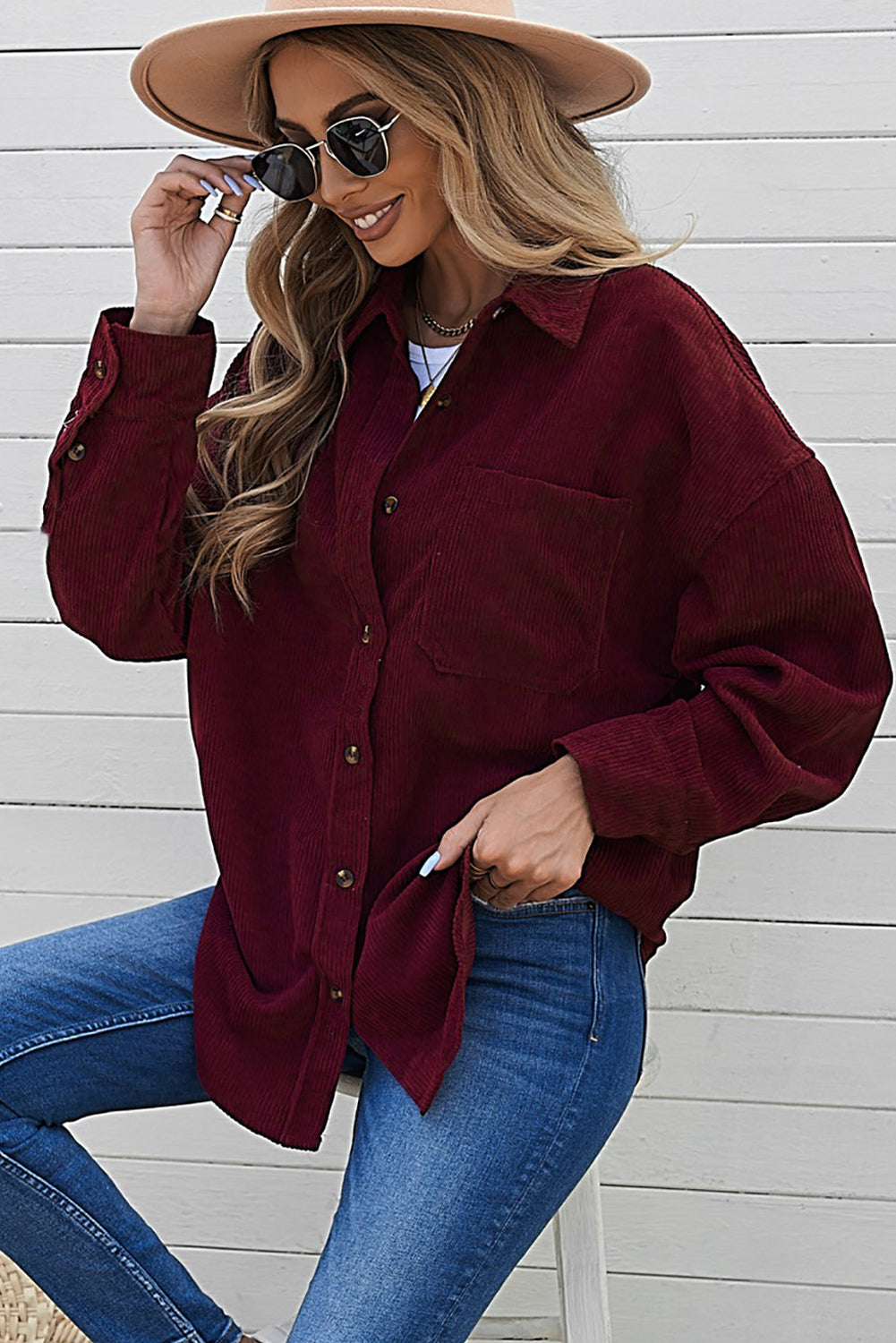 Pink Corduroy Button Pocket Shirt