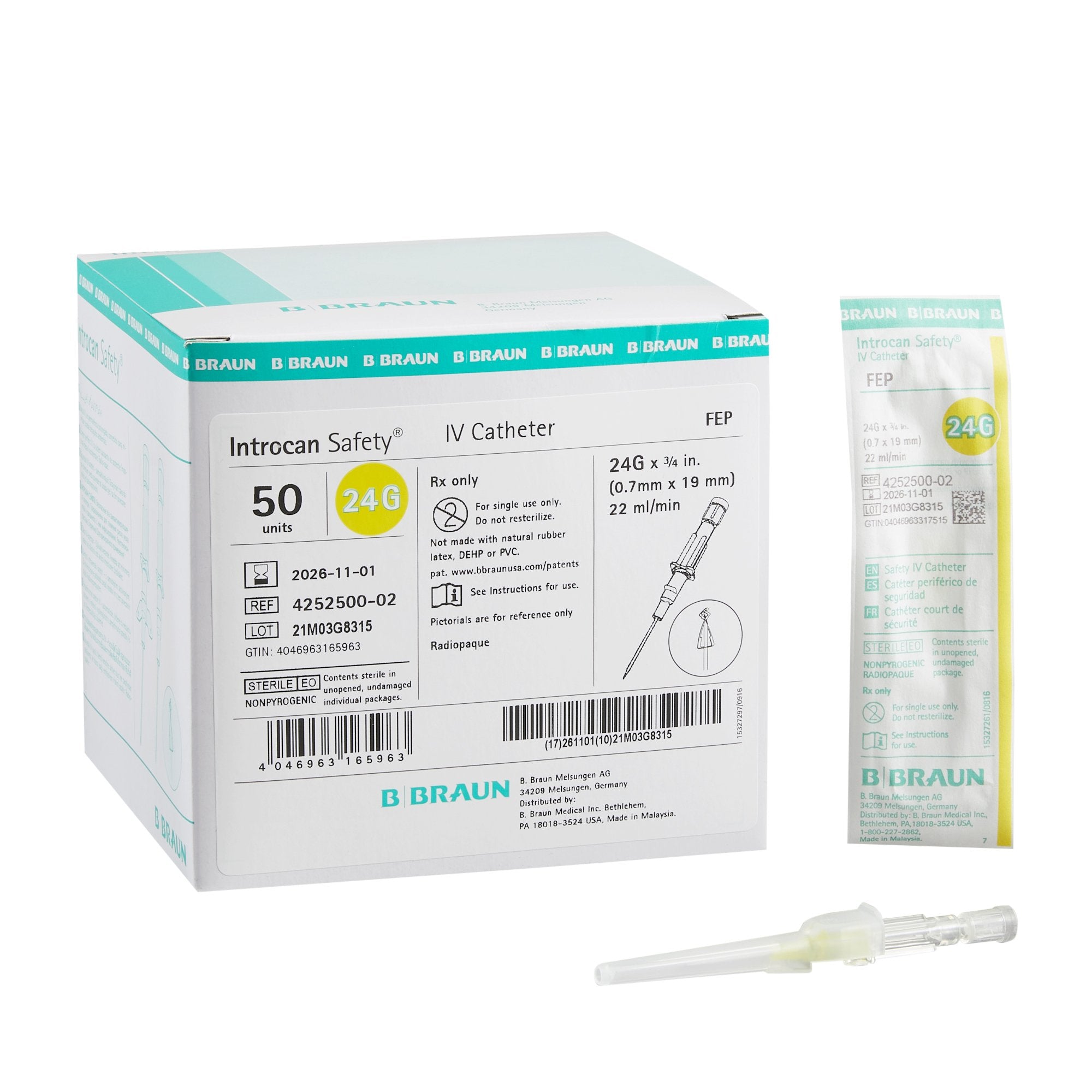 Peripheral IV Catheter Introcan Safety® 24 Gauge 3/4 Inch FEP Polymer Straight Hub Non Blood Control Passive Safety - 4252500-02
