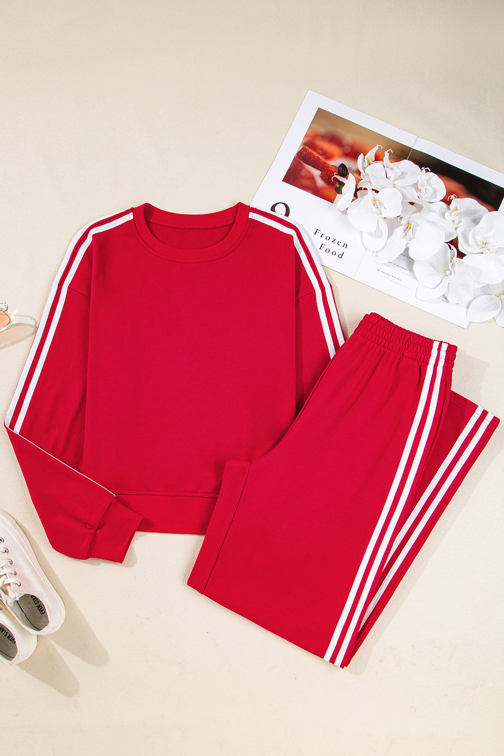 Oatmeal Varsity Striped Detail Cropped Pullover Wide Leg Pants 2pcs Outfit
