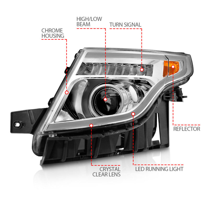 ANZO 11-15 Ford Explorer Projector Headlights w/ Light Bar Chrome Housing w/ Amber light 111576