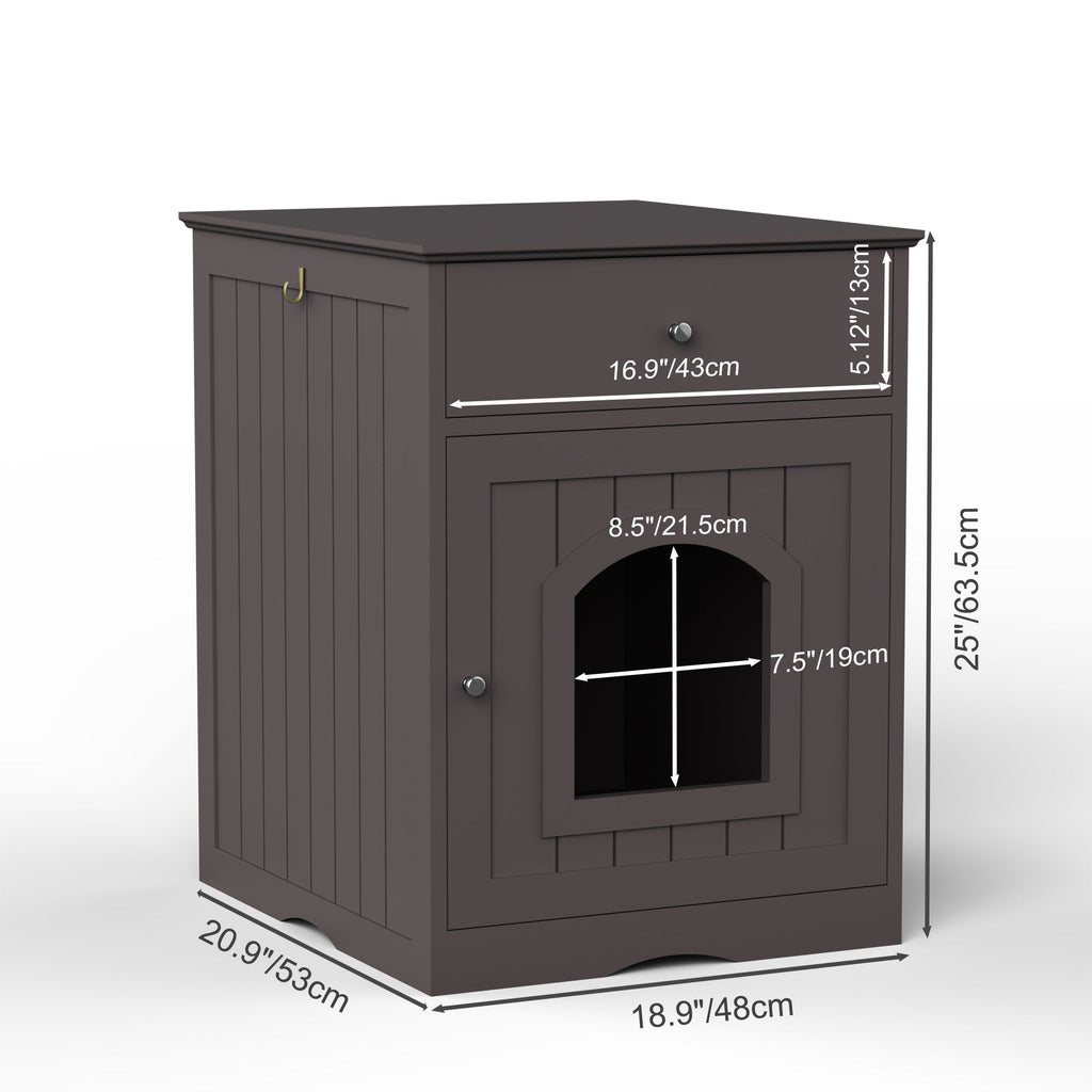 Brown Wooden Pet House Cat Litter Box Enclosure with Drawer, Side Table, Indoor Pet Crate, Cat Home Nightstand