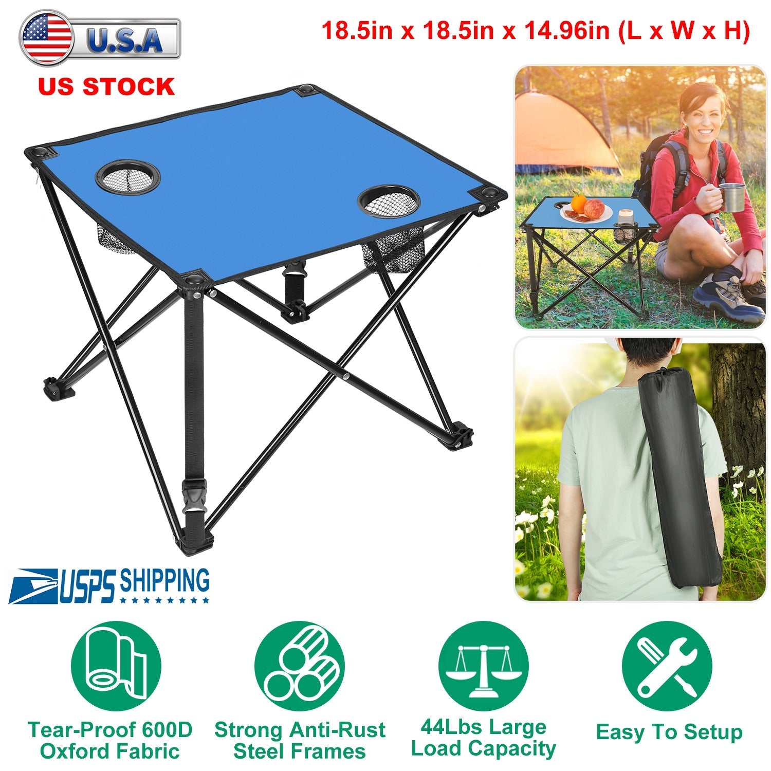 2Pcs Foldable Camping Table Portable Picnic Table Lightweight Travel Desk with 2 Cup Holders/Table Carrying Bag