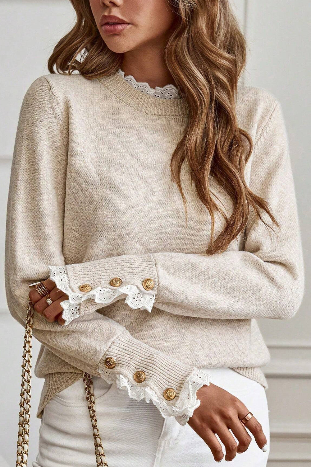 Racing Red Lace Trim Patchwork Buttoned Cuffs Loose Sweater