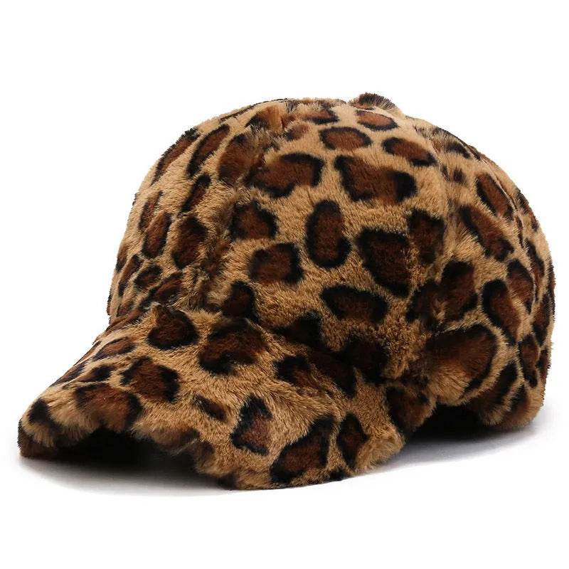 Leopard Print Fleece Baseball Cap - Winter Style