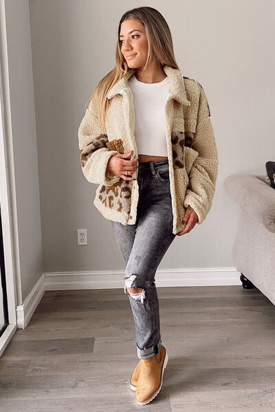 Comfortable Leopard Print Sherpa Jacket with Collared Neck And Functional Pockets Soft Women Jacket