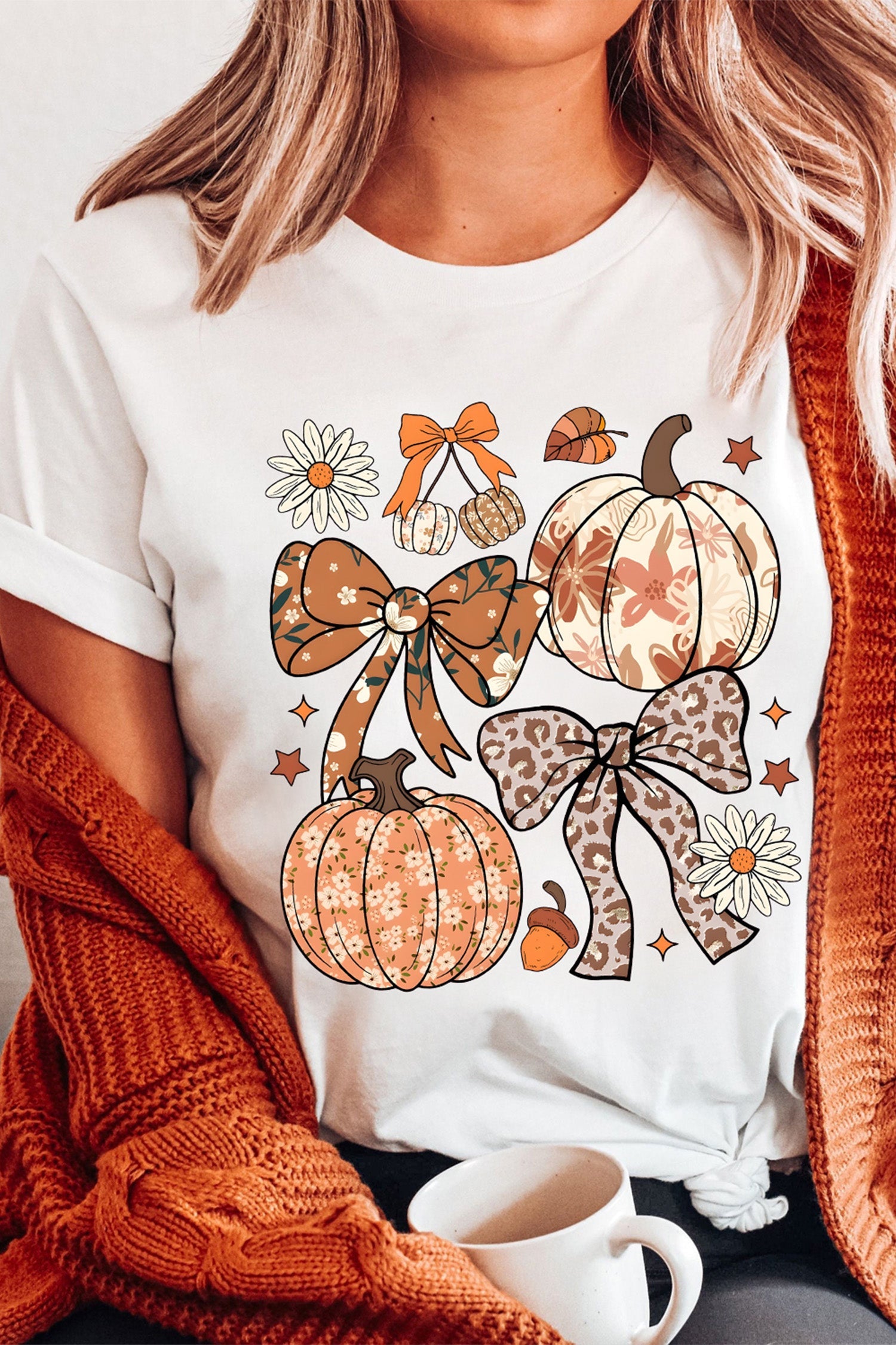 White Unique Leopard Bow Pumpkin Graphic T Shirt