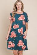New Summer Floral Round Neck Short Tee Dress with Pockets For Women – Casual and Comfortable Floral Tee Dress with Pockets for Everyday Wear