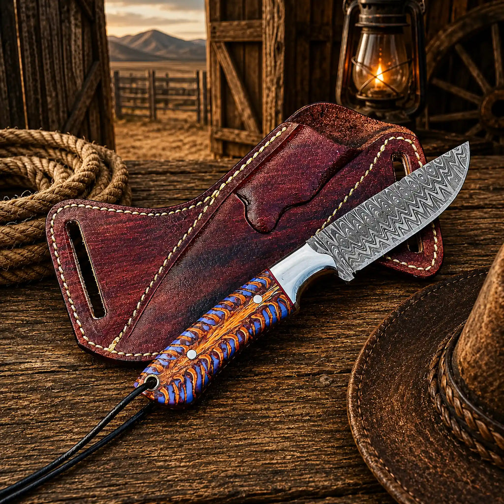 Back Belt Sheath Knife – 4" Damascus Steel Pinecone Handle - PhishStones Products