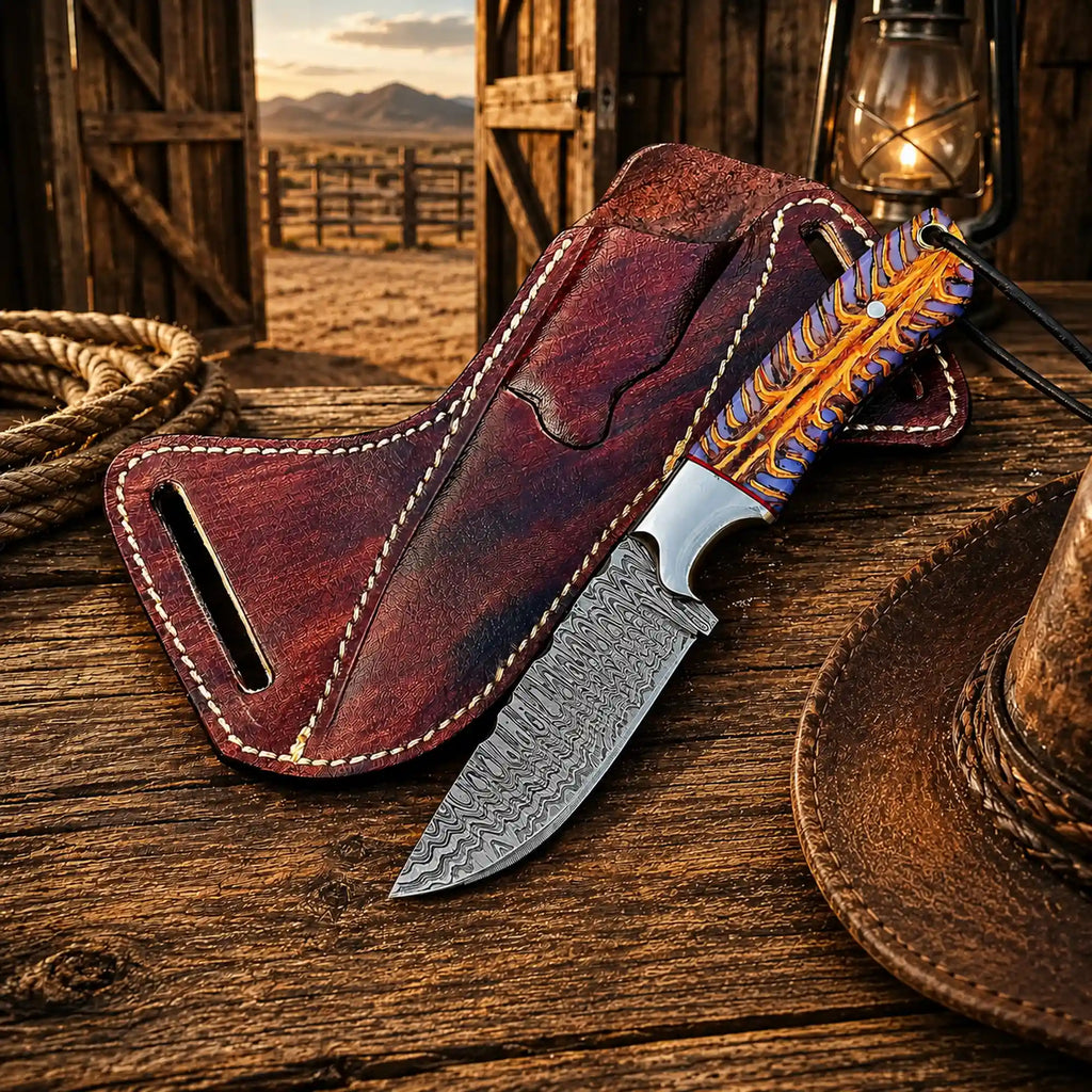 Back Belt Sheath Knife – 4" Damascus Steel Pinecone Handle - PhishStones Products