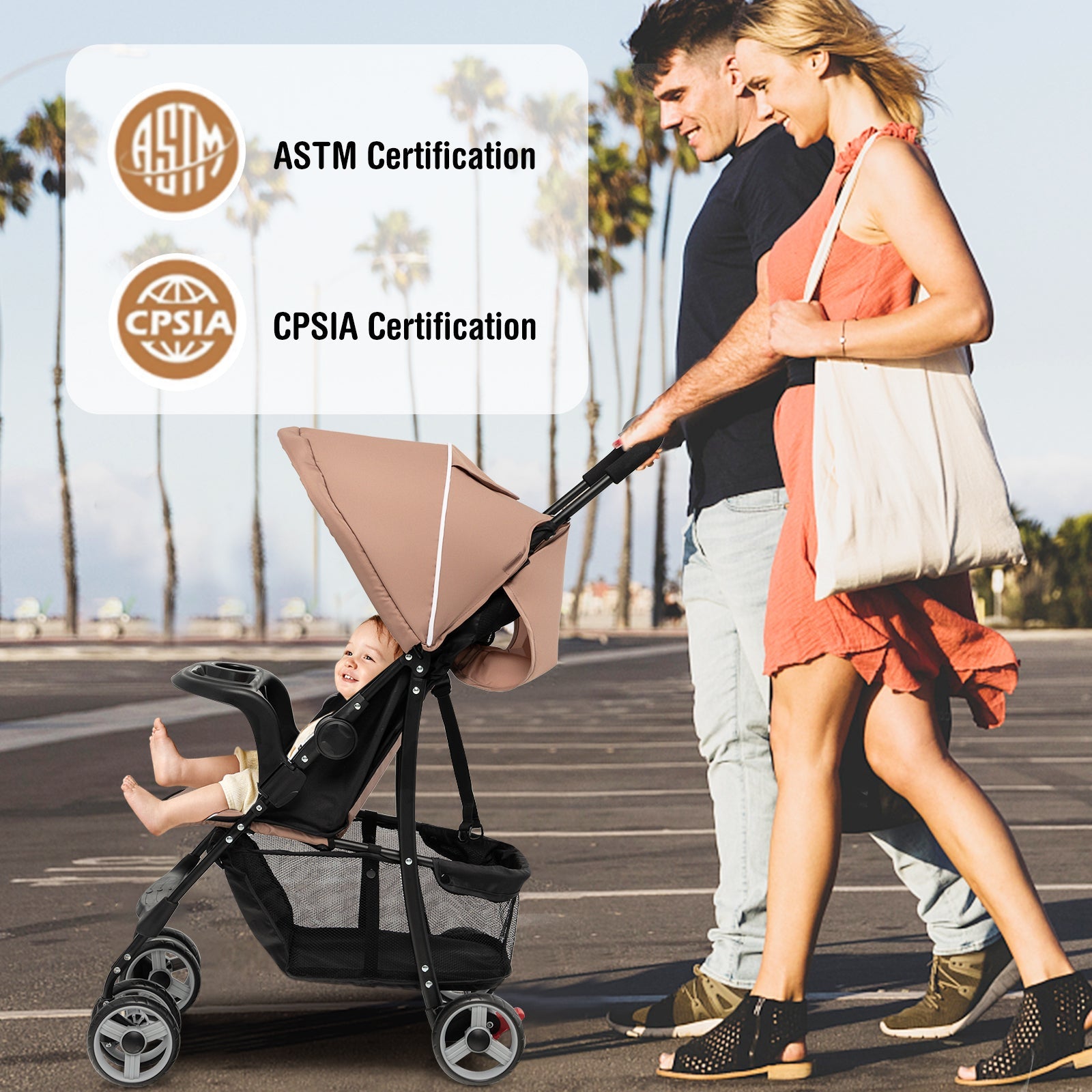 Toddler Travel Stroller for Airplane with Canopy and Adjustable Backrest-Coffee