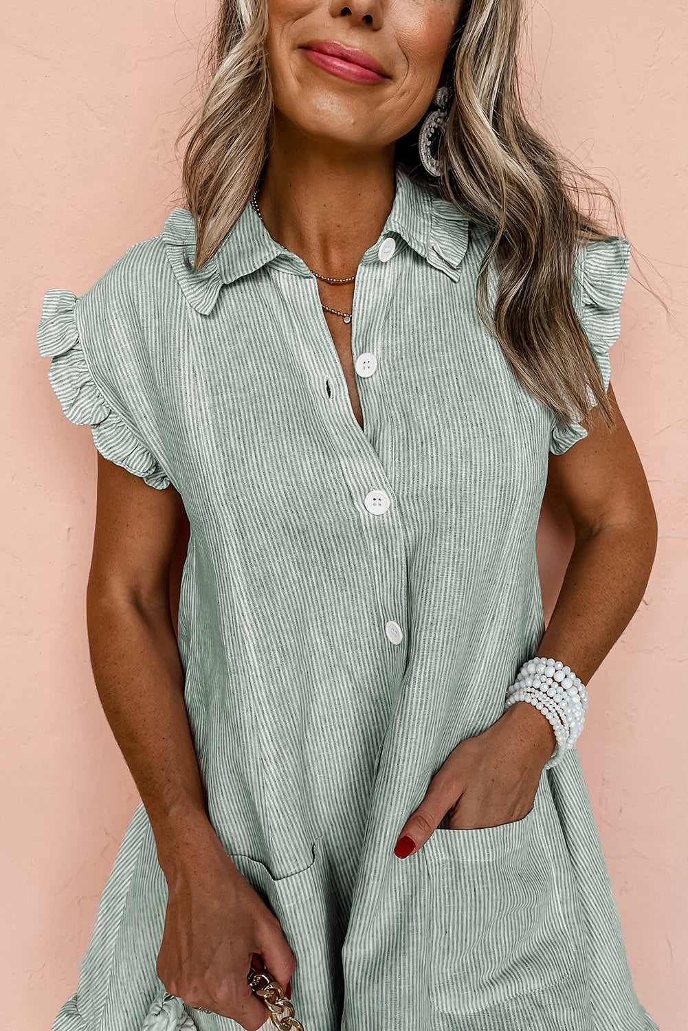 Green Stripe Frill Trim Pocket Button Up Mini Dress