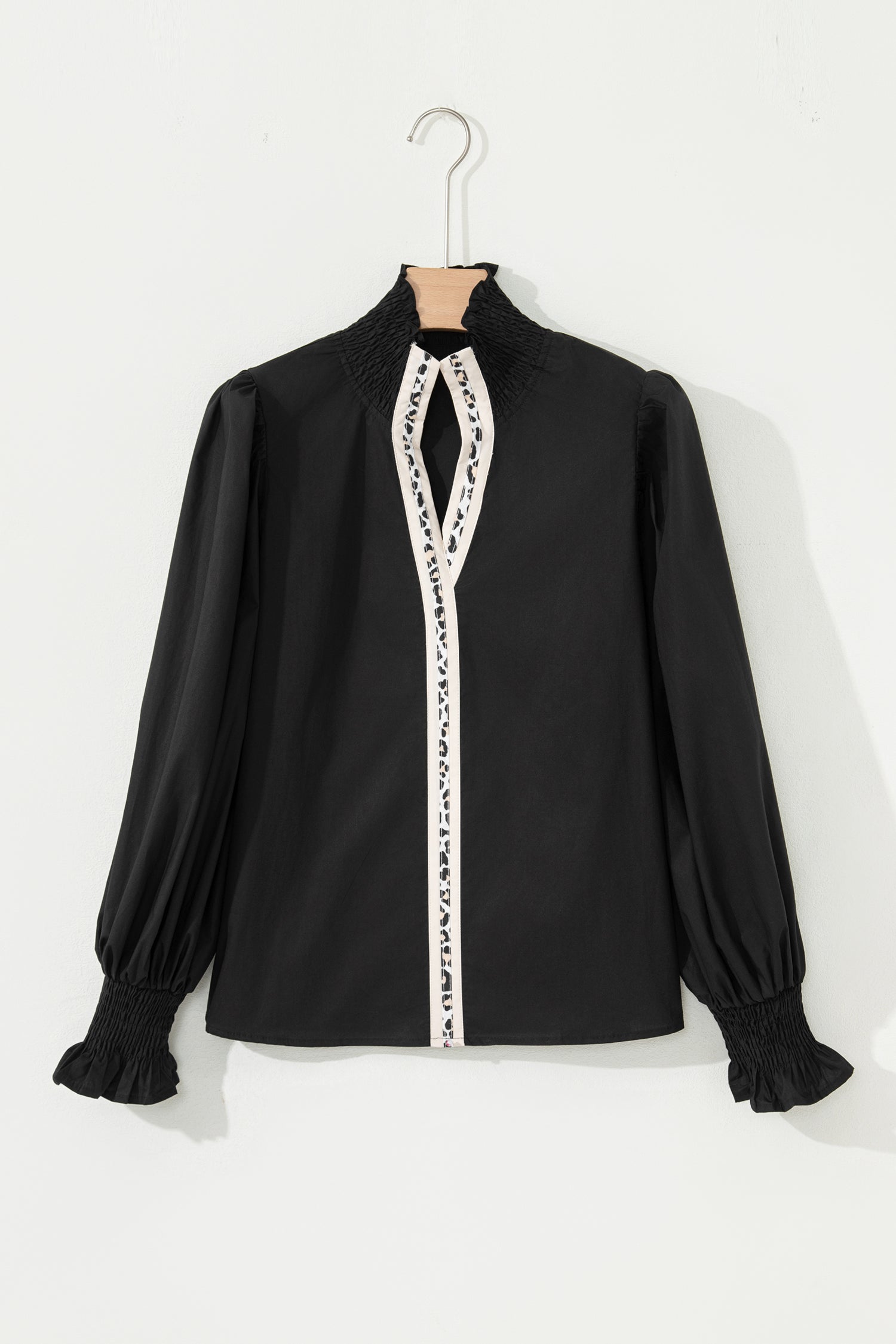 Black Puffy Flounce Sleeve Leopard Trim V Neck Blouse