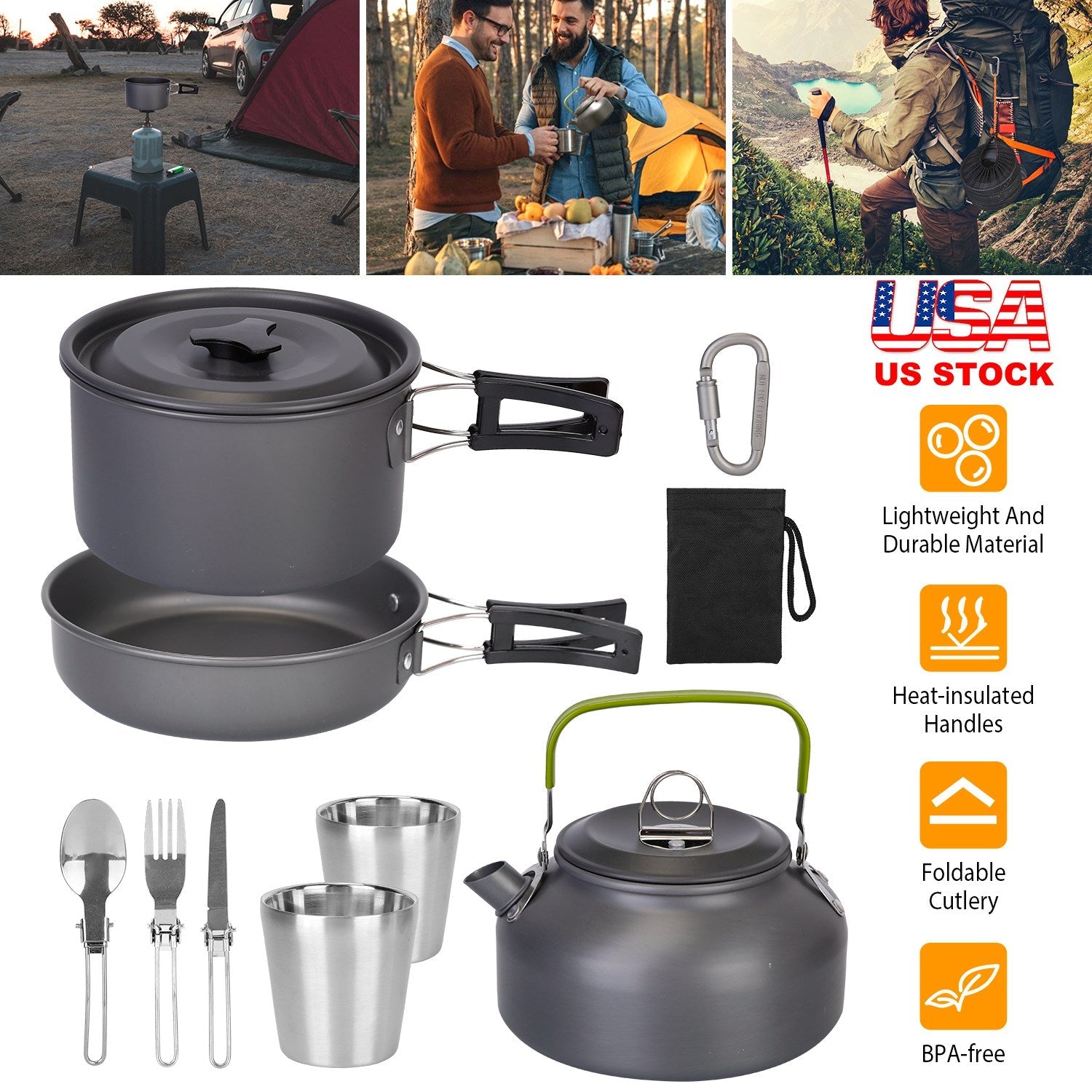 12Pcs Camping Cookware Set Camping Stove Aluminum Pot Pans Kit for Hiking Picnic Outdoor with Cup Fork Spoon Knife