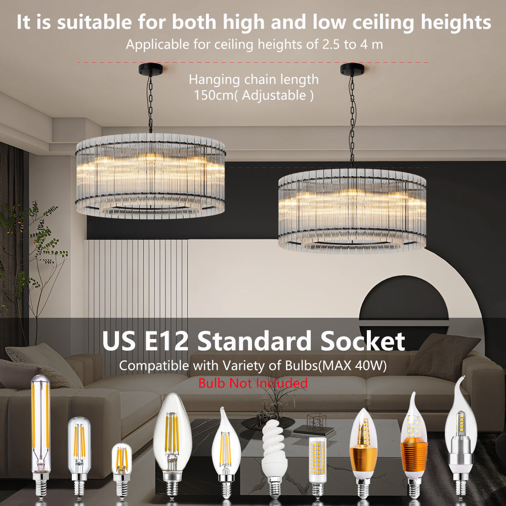 Water Ripple Crystal Glass Chandelier | 8/10-Light Modern Handmade Corrugated Glass Ceiling Light — Black or Gold, Round or Rectangular