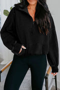 Black Half Zip Kangaroo Pocket Mineral Wash Baggy Hoodie